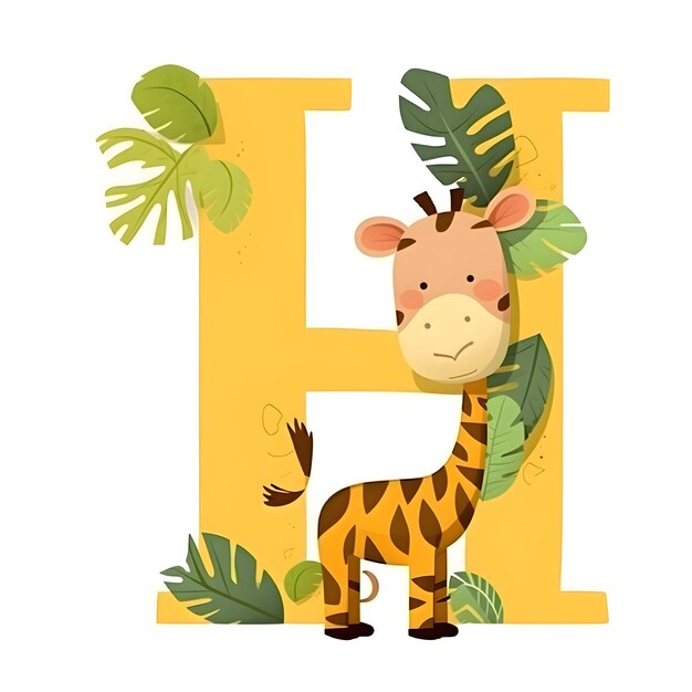 Photo cute animal alphabet with giraffe and tropical leaves letter e