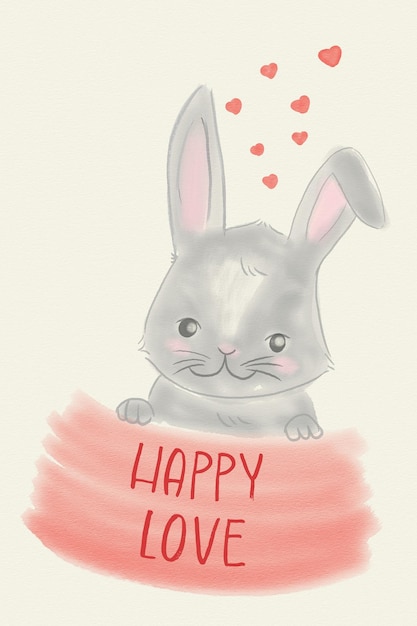 Cute animal bear bunny holding red heart for Valentine day watercolor hand painted illustration