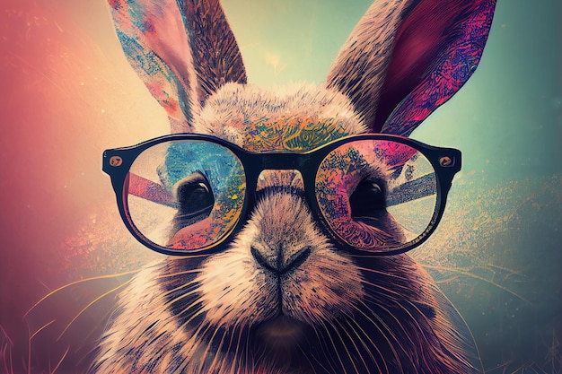 Cute animal bunny with glasses illustration in psychedelic style