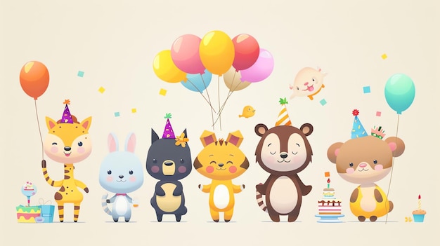 Photo cute animal characters having a party there are five animals a giraffe a rabbit a cat a raccoon and a bear