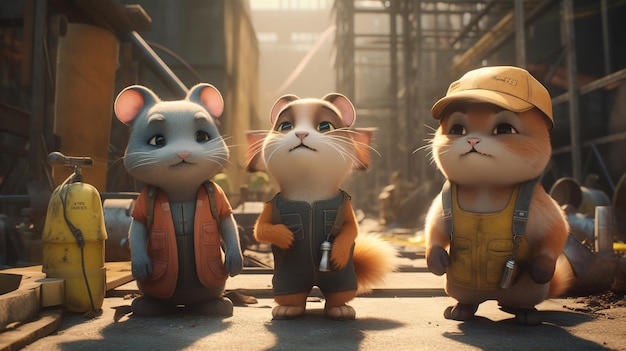 Cute animal construction workers digital art illustration Generative AI