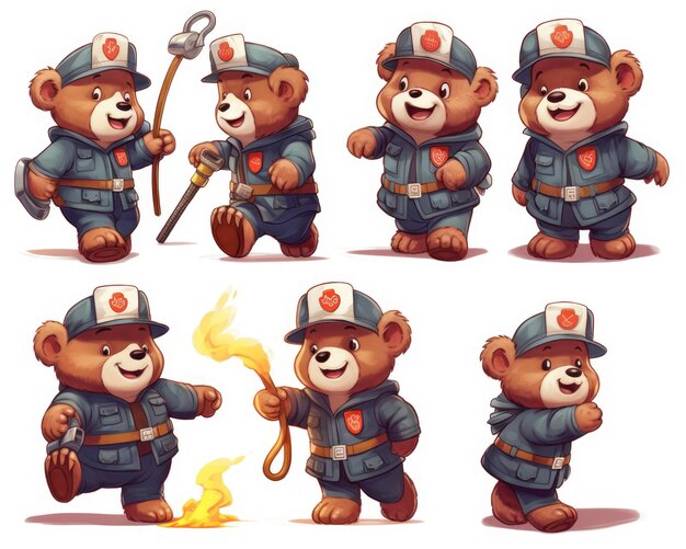 Photo cute animal firefighter bear cartoon character with various expressions spritesheet on white