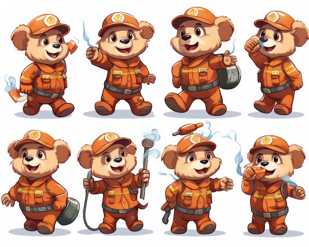 Photo cute animal firefighter bear cartoon character with various expressions spritesheet on white