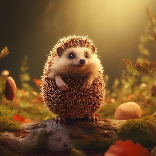 A cute animal hedgehog alone in the woods hand draw n r e a impressive Generative AI
