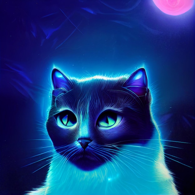 Cute animal little pretty blue cat portrait from a splash of watercolor illustration