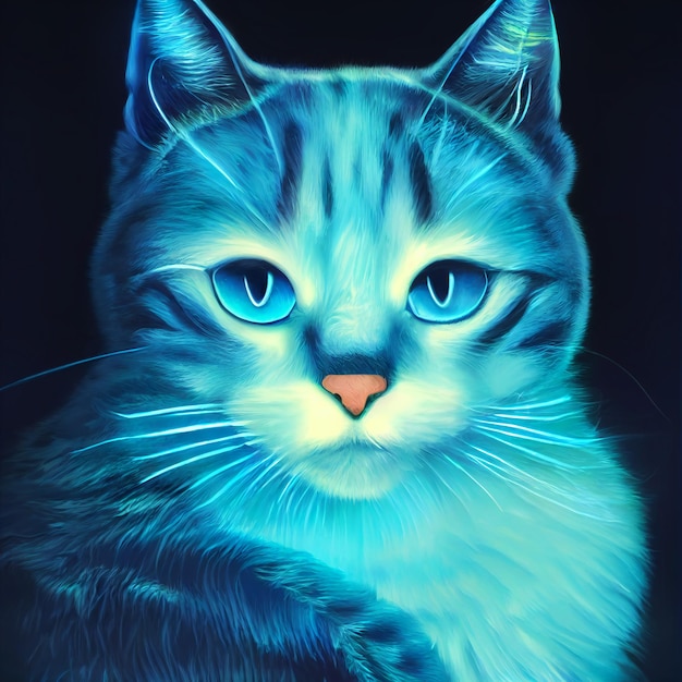 Cute animal little pretty blue cat portrait from a splash of watercolor illustration