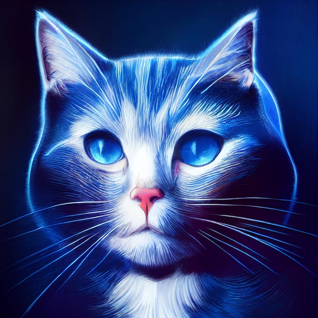 Cute animal little pretty blue cat portrait from a splash of watercolor illustration