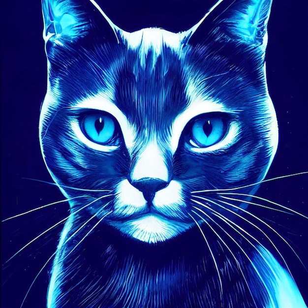 Cute animal little pretty blue cat portrait from a splash of watercolor illustration