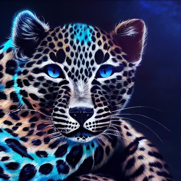 Cute animal little pretty blue leopard portrait from a splash of watercolor illustration