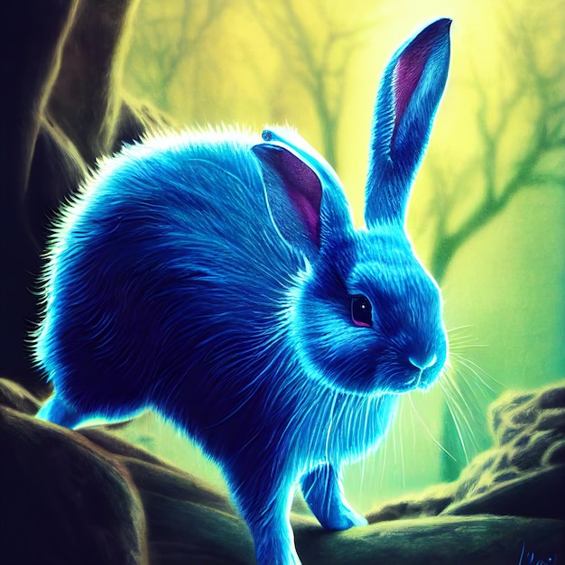 Cute animal little pretty blue rabbit portrait from a splash of watercolor illustration