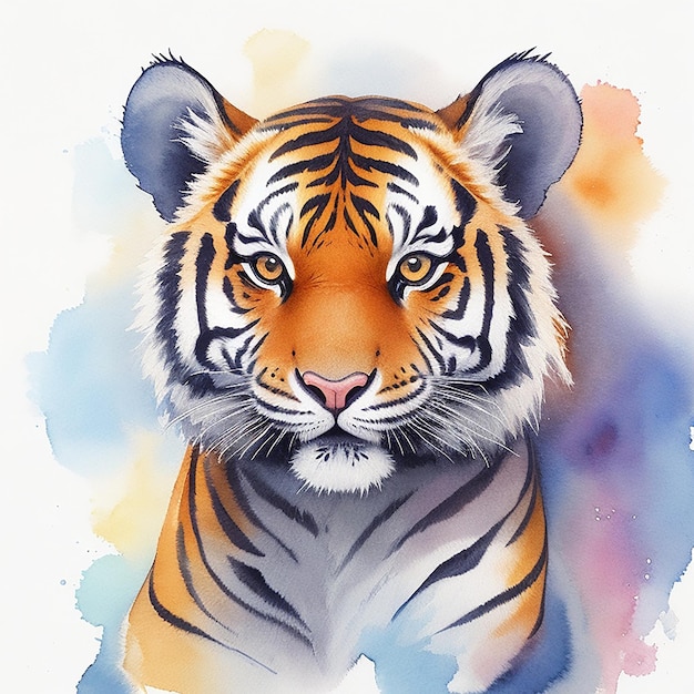 Cute animal little pretty colorful tiger portrait from a splash of watercolor illustration