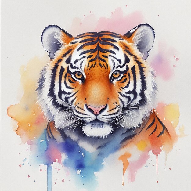 Photo cute animal little pretty colorful tiger portrait from a splash of watercolor illustration