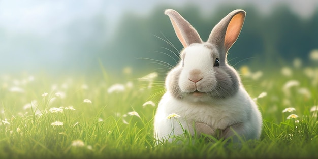 Cute animal pet rabbit or adorable bunny on the grass for easter