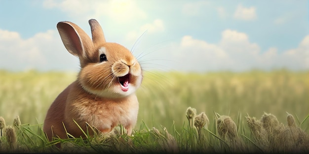 Cute animal pet rabbit or adorable bunny on the meadow for easter background