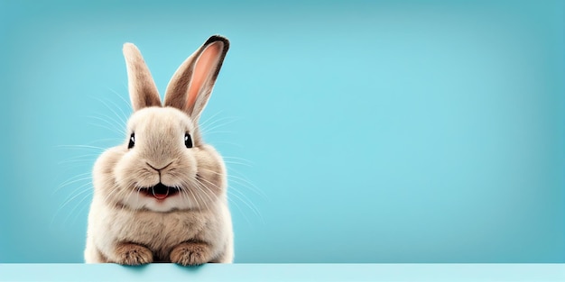 귀여운 동물 애완용 토끼나 토끼 흰색은 부활절 배경을 위해 복사 공간을 두고 웃고 웃고 있습니다.