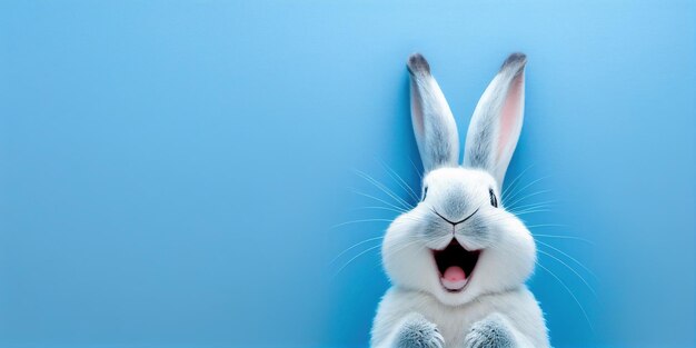 Cute animal pet rabbit or bunny white color smiling and laughing isolated with copy space for easter card