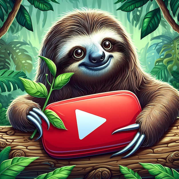 cute animal sloth holding youtube icon illustration