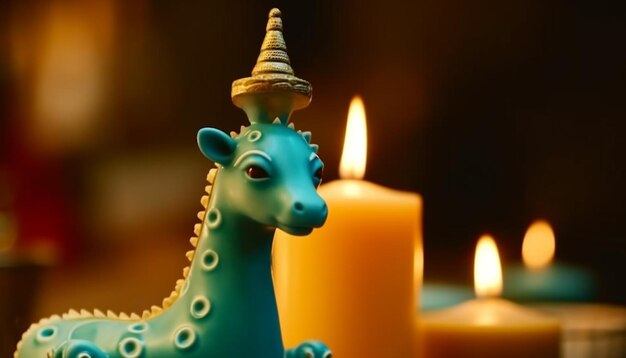 Cute animal toy illuminated by candle flame generated by AI