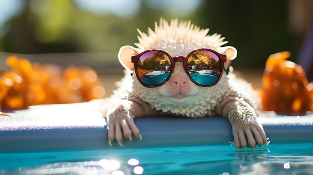 Photo a cute animal wearing sunglasses and sitting in a hot tub with bubbles