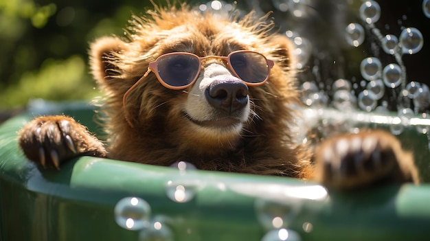 Foto un simpatico animale che indossa occhiali da sole e seduto in una vasca idromassaggio con bollicine