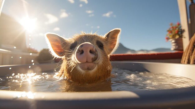 Foto un simpatico animale che indossa occhiali da sole e seduto in una vasca idromassaggio con bollicine