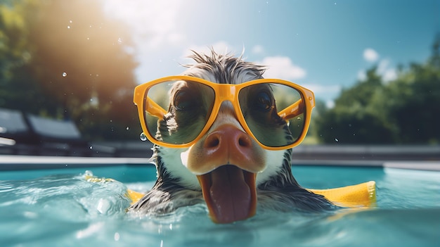 A cute animal wearing sunglasses and sitting in a hot tub with bubbles