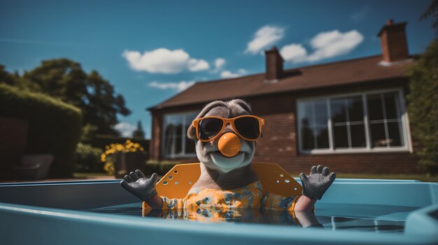 A cute animal wearing sunglasses and sitting in a hot tub with bubbles