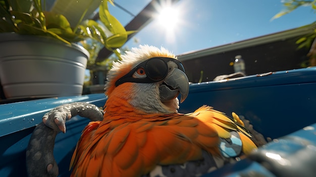 Foto un animale carino con gli occhiali da sole e seduto in una vasca calda con bolle