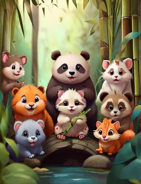 Photo cute animals in bamboo forest