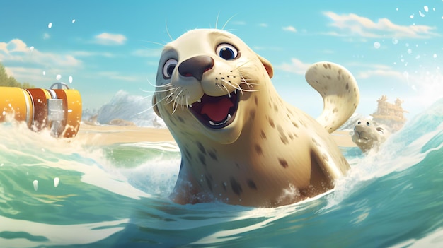 Cute animals in the beach having fun