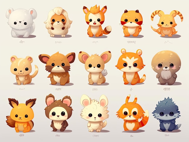 Cute animals collection set illustration manga style