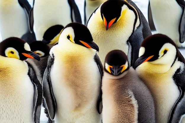 Cute animals emperor penguins gathered in group in Arctic