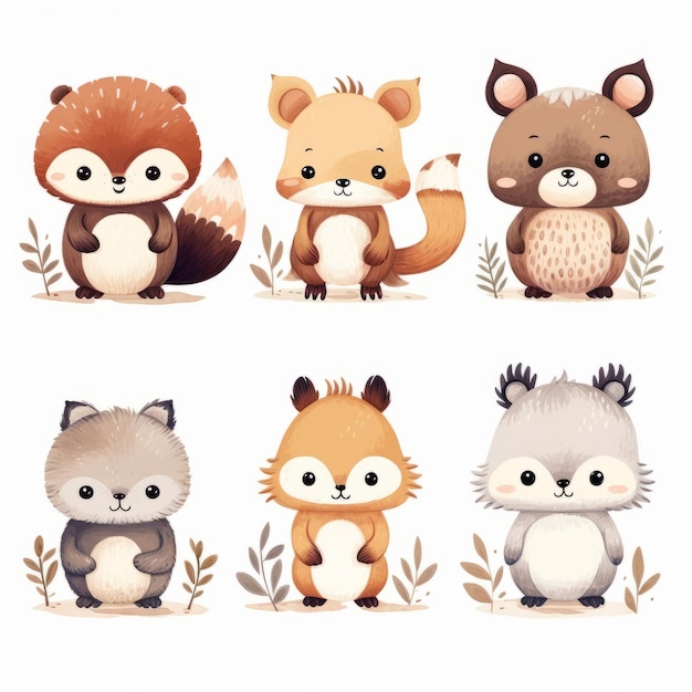 Cute animals set Watercolor hand drawn illustration isolated on white background