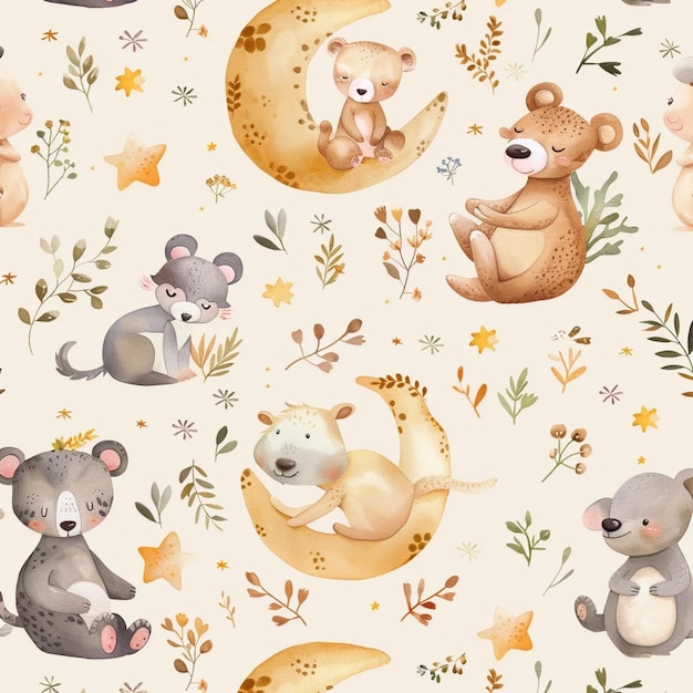 cute animals and the stars on a moon pattern