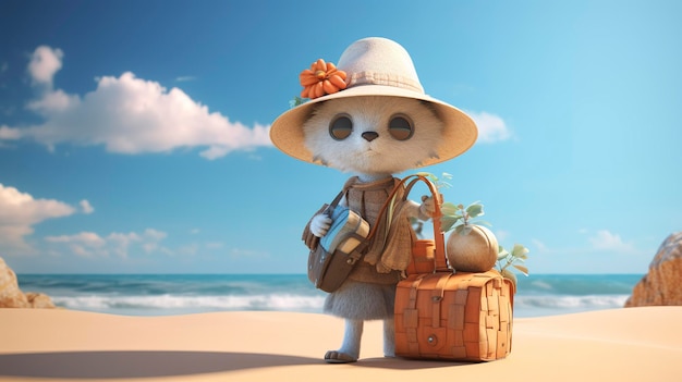 スーツケースを持って晴れたビーチに立っている帽子とサングラスを着た可愛いアニメキャラクター