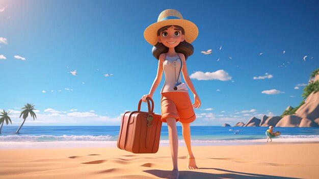 Cute animated character with a hat and sunglasses standing on a sunny beach with a suitcase