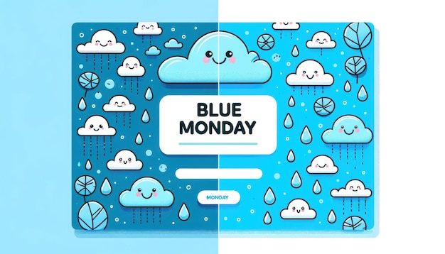 青い背景の様々な感情を表現する可愛いアニメ化された雲 青い月曜日 最も憂鬱な日