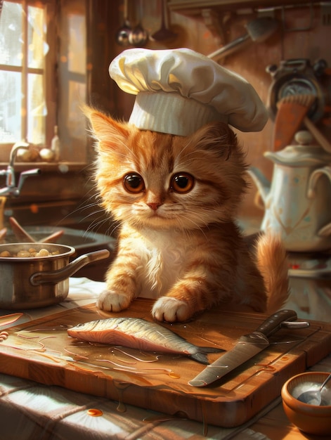 Photo a cute animated kitten wearing a chef39s hat sits before a fish on a cutting board