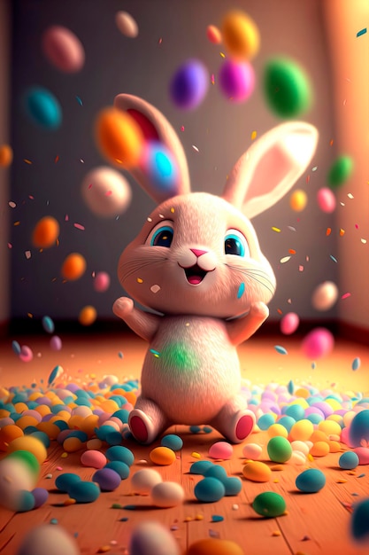 Cute animated rabbit with colorful easter eggs