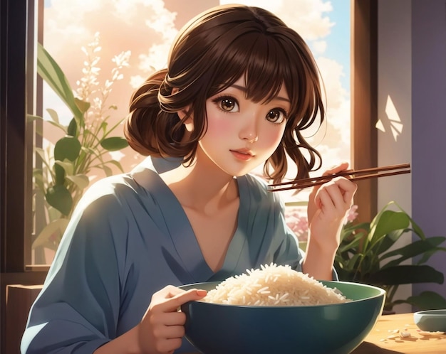 Cute Anime Asian Girl Eating Delicious Bowl of Rice with Chopsticks