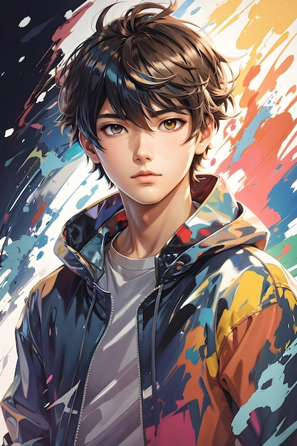 cute anime boy wearing a jacket brown eyes coloful splatters in background