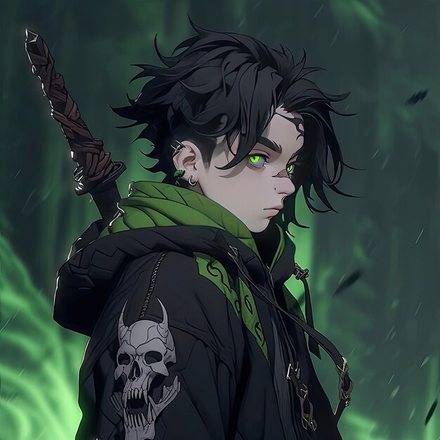 Cute Anime boy with dark green eyes