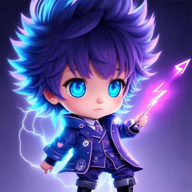 A cute anime boy with magical weapon in hand and purple dress generative ai