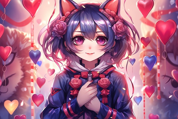 Cute Anime cat girl with cat ears and a tail wearing a sailor outfit on colorful background with playful details like hearts and paw prints manga style illustration generative ai