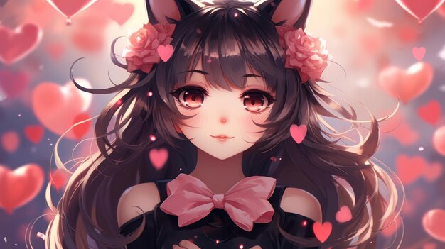 Cute anime catgirl with pointy ears surrounded by floating hearts