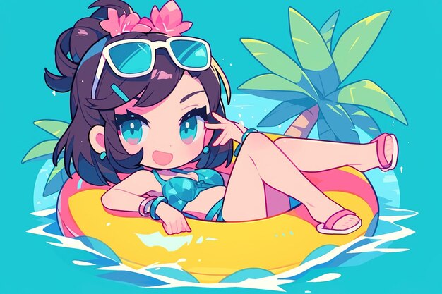 Foto anime carina chibi ragazza con gli occhiali da sole che si rilassa su un cerchio gonfiabile giallo in acqua blu in estate