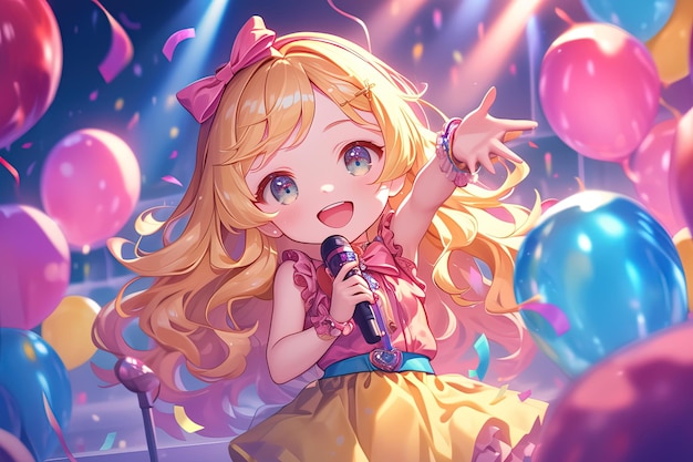 cute anime chibi girl with blond hair singing into a microphone in party