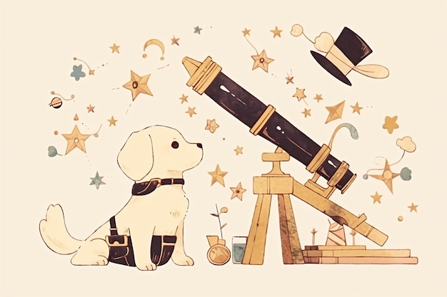 Photo cute anime dog with telescope on animated sky background illustration