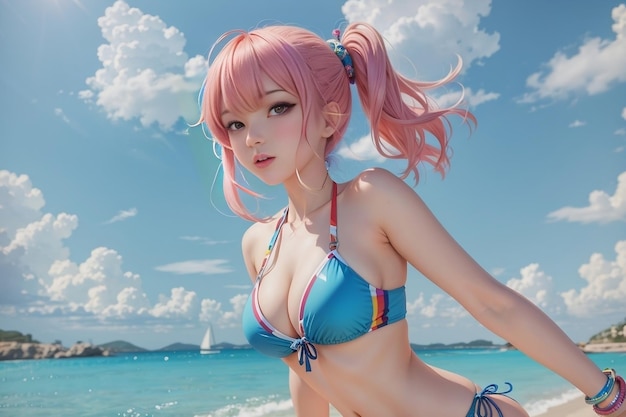 Photo cute anime fantasy girls character wearing bikini in beach