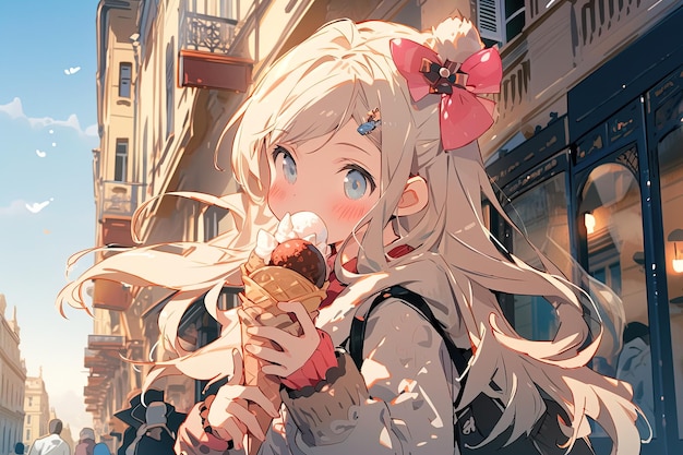 cute anime girl blonde with blue eyes eats an ice cream cone on a city street